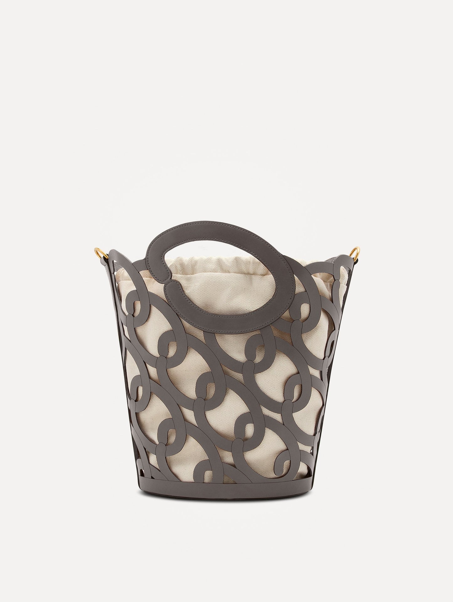 Oscar chain link bucket tote in grey with a large o forming the top handle and detachable shoulder strap. Front View.