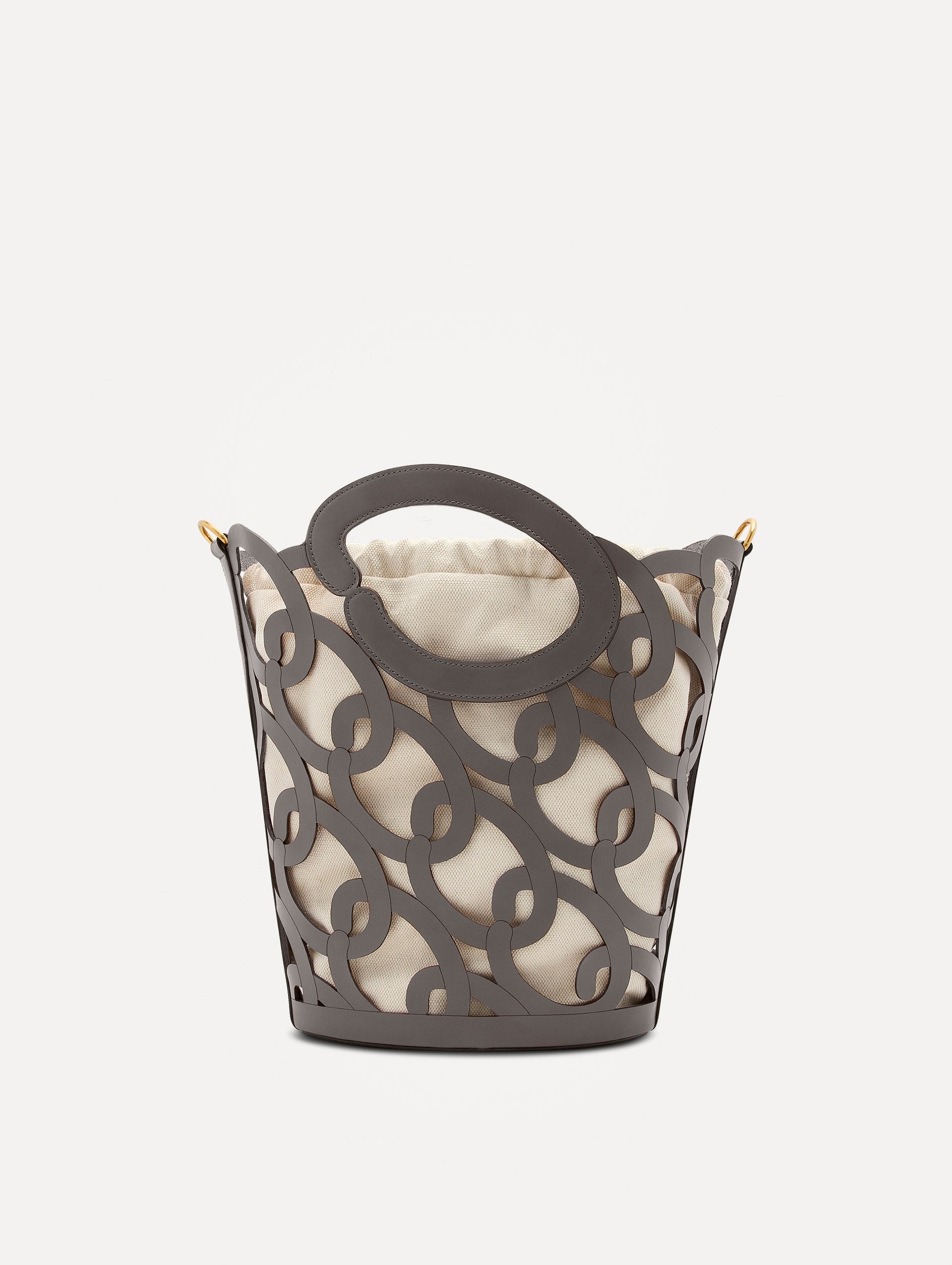 Oscar chain link bucket tote in grey with a large o forming the top handle and detachable shoulder strap. Front View.