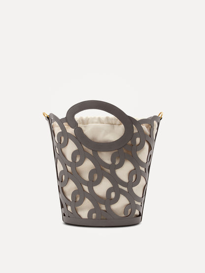Oscar chain link bucket tote in grey with a large o forming the top handle and detachable shoulder strap. Front View.