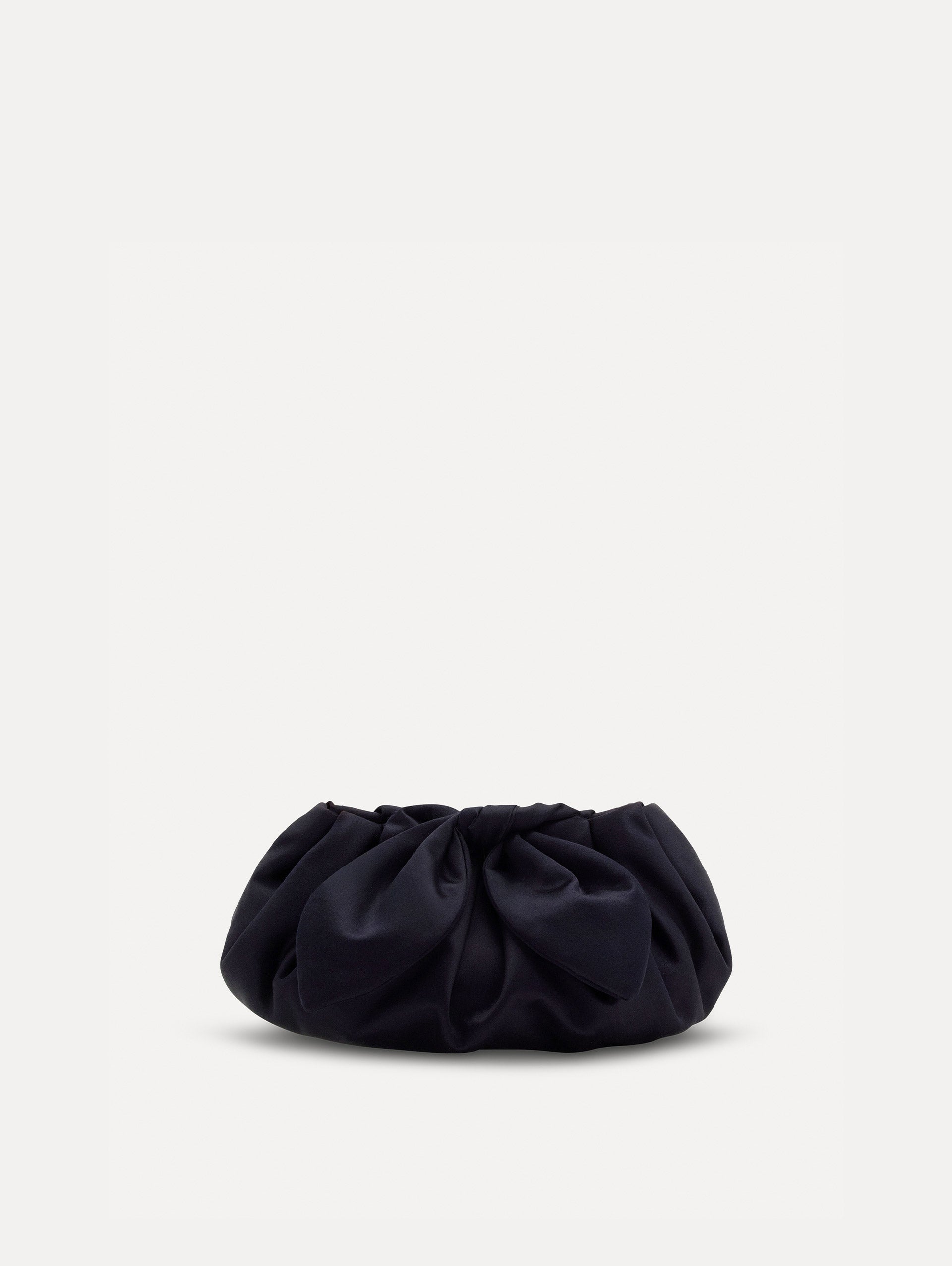 Small satin clutch in taupe with a bow detail on the top. Front View.