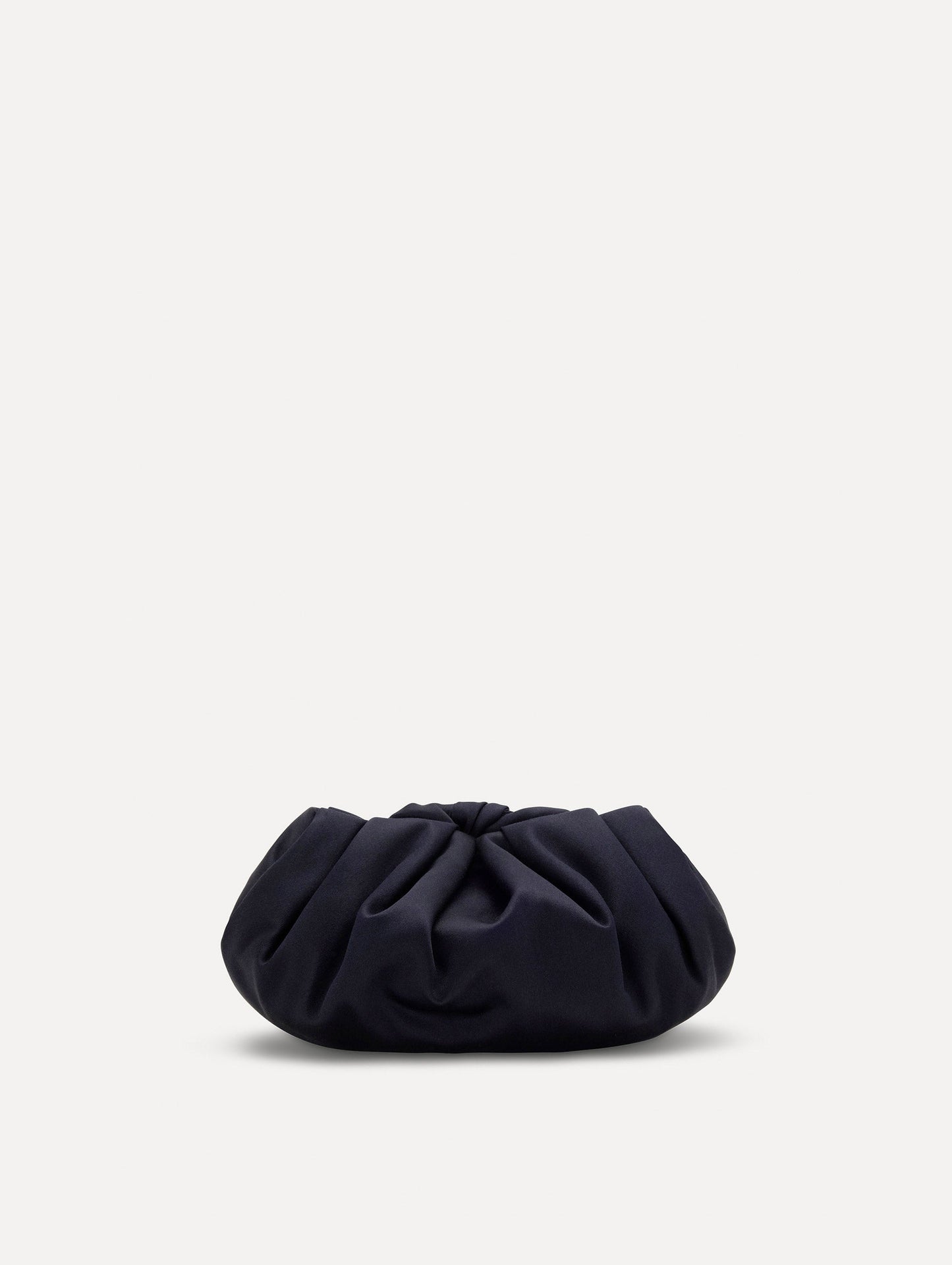 Small satin clutch in taupe with a bow detail on the top. Back View.