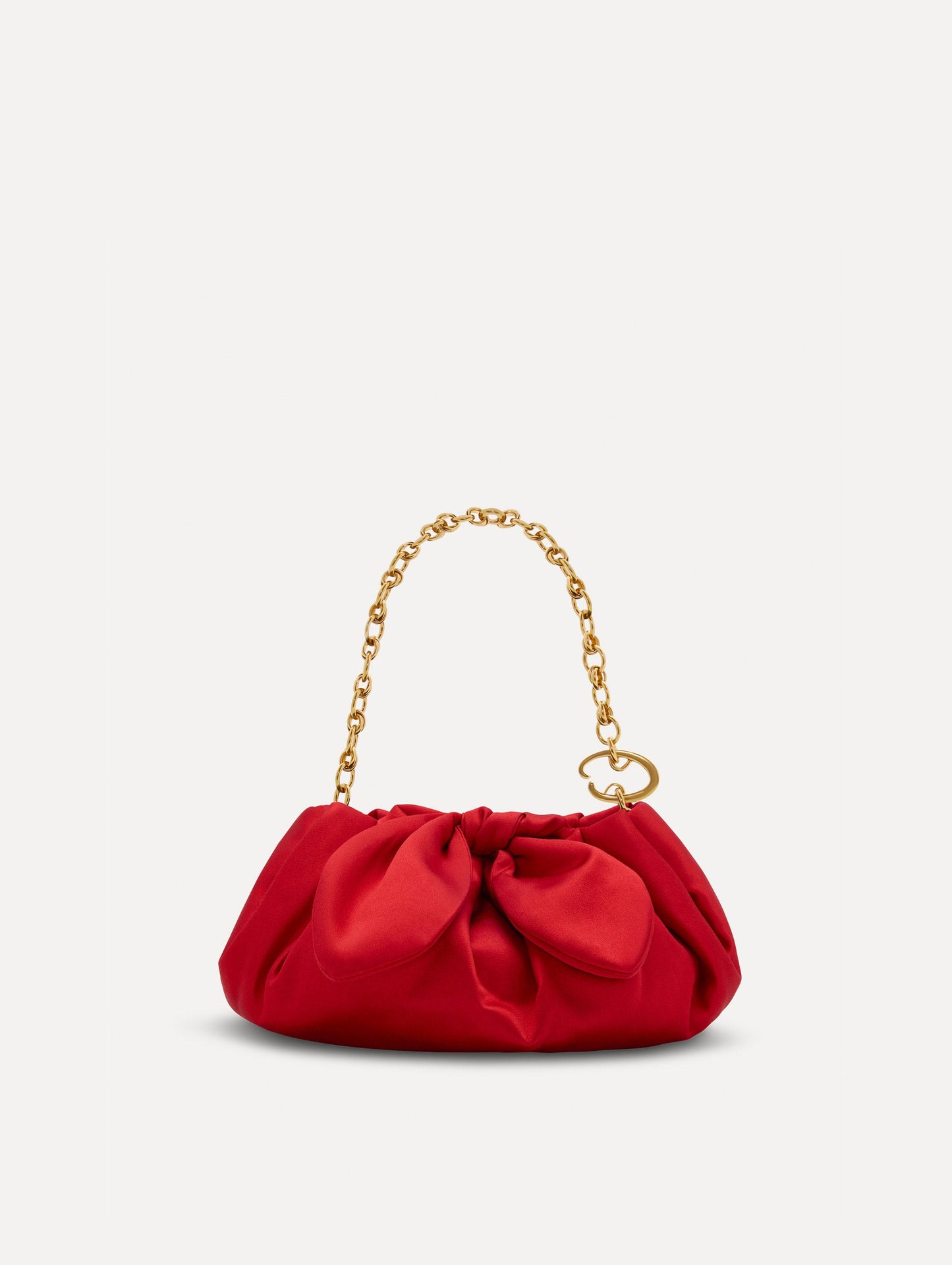 Small satin clutch in taupe with a bow detail on the top, and detachable gold chain shoulder strap. Front View.