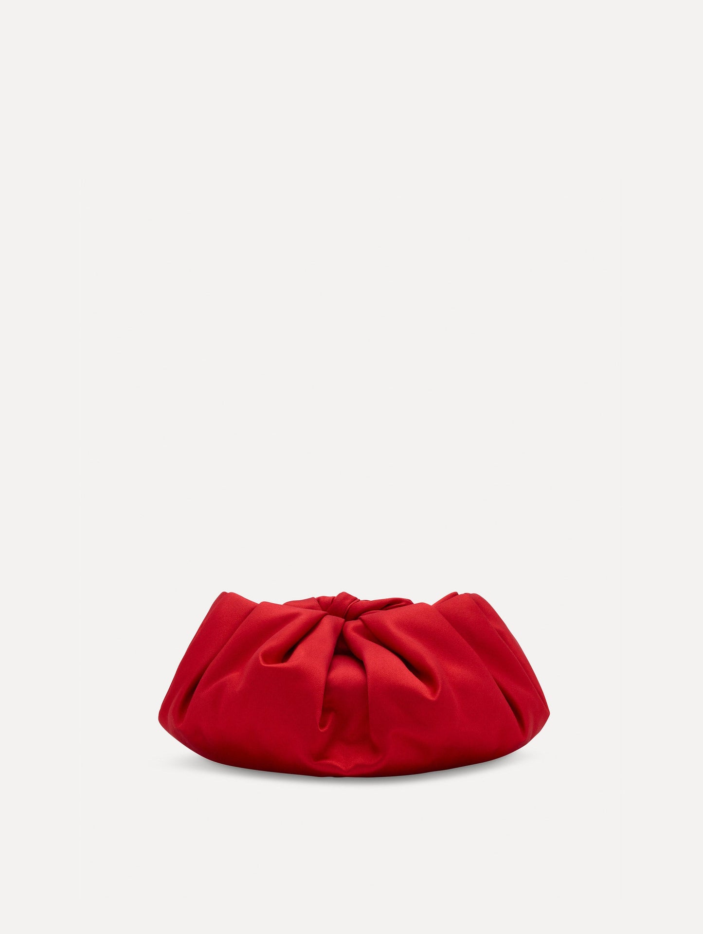 Small satin clutch in taupe with a bow detail on the top, and detachable gold chain shoulder strap. Back View.