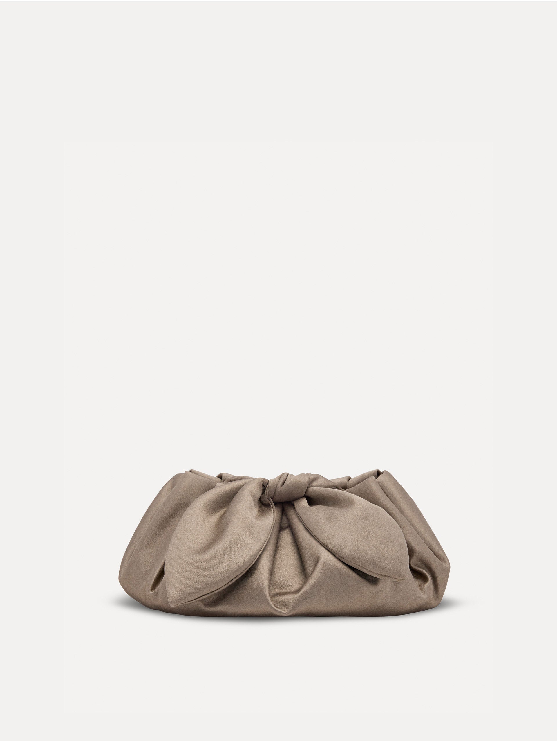 Small satin clutch in taupe with a bow detail on the top. Front View.