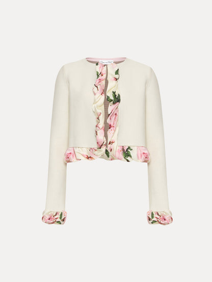 White cardigan with pink bubble twist trim printed with cherry blossoms