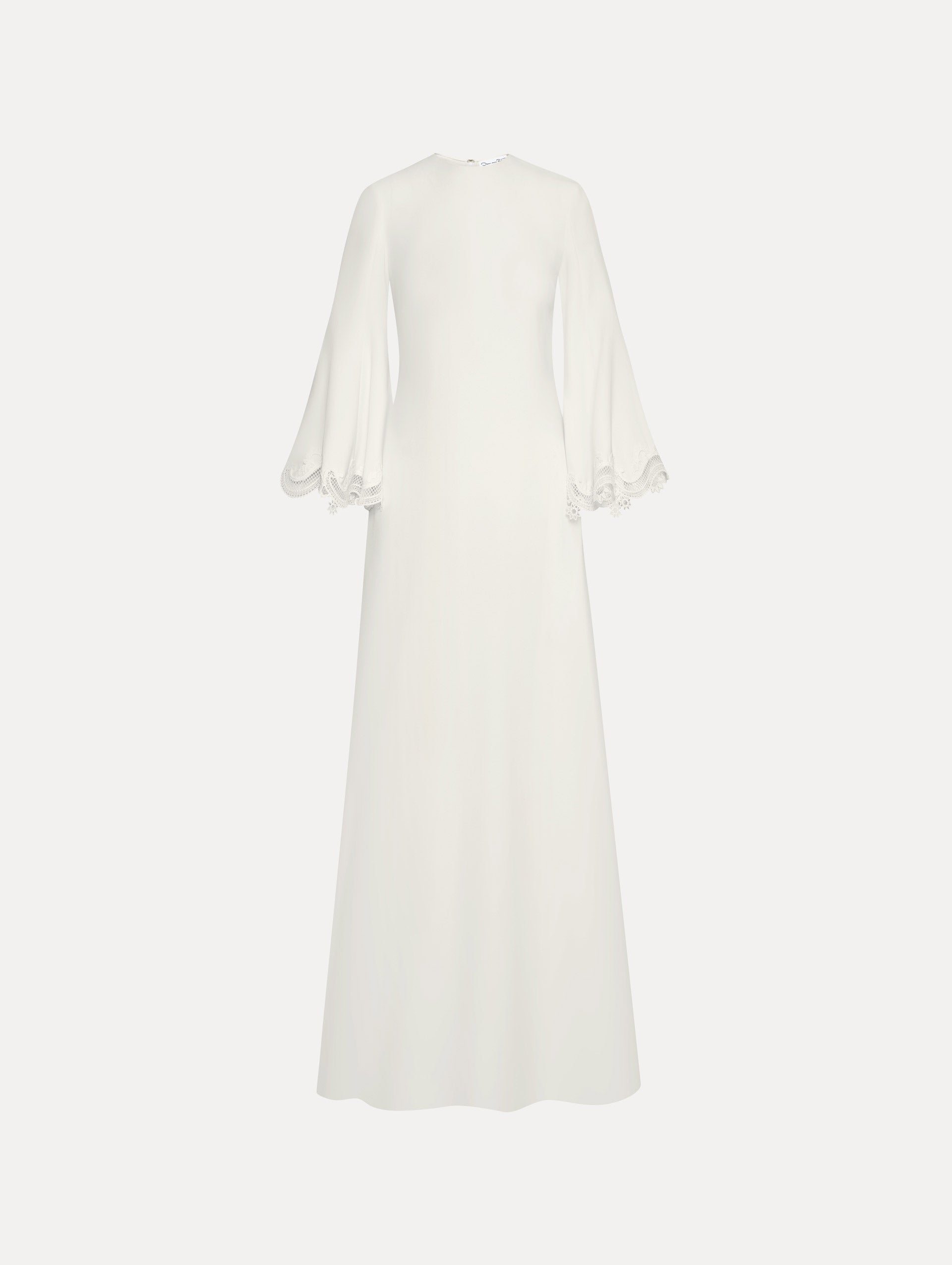 White long sleeve caftan with lace detail on the cuff of the bell sleeve. Front view.