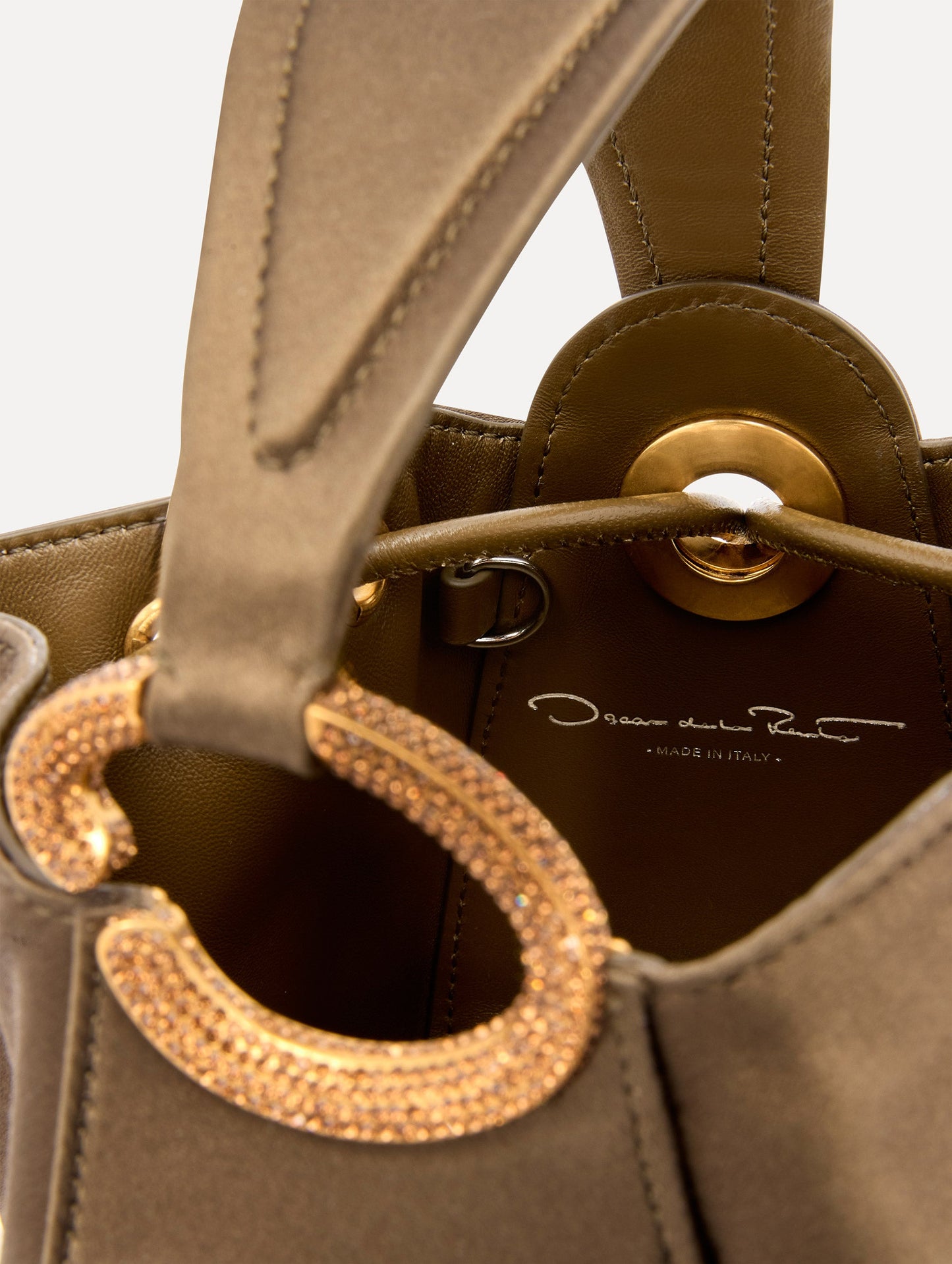 Inside Crystal Pavé Nano O Handle Bag in Khaki Zoom View