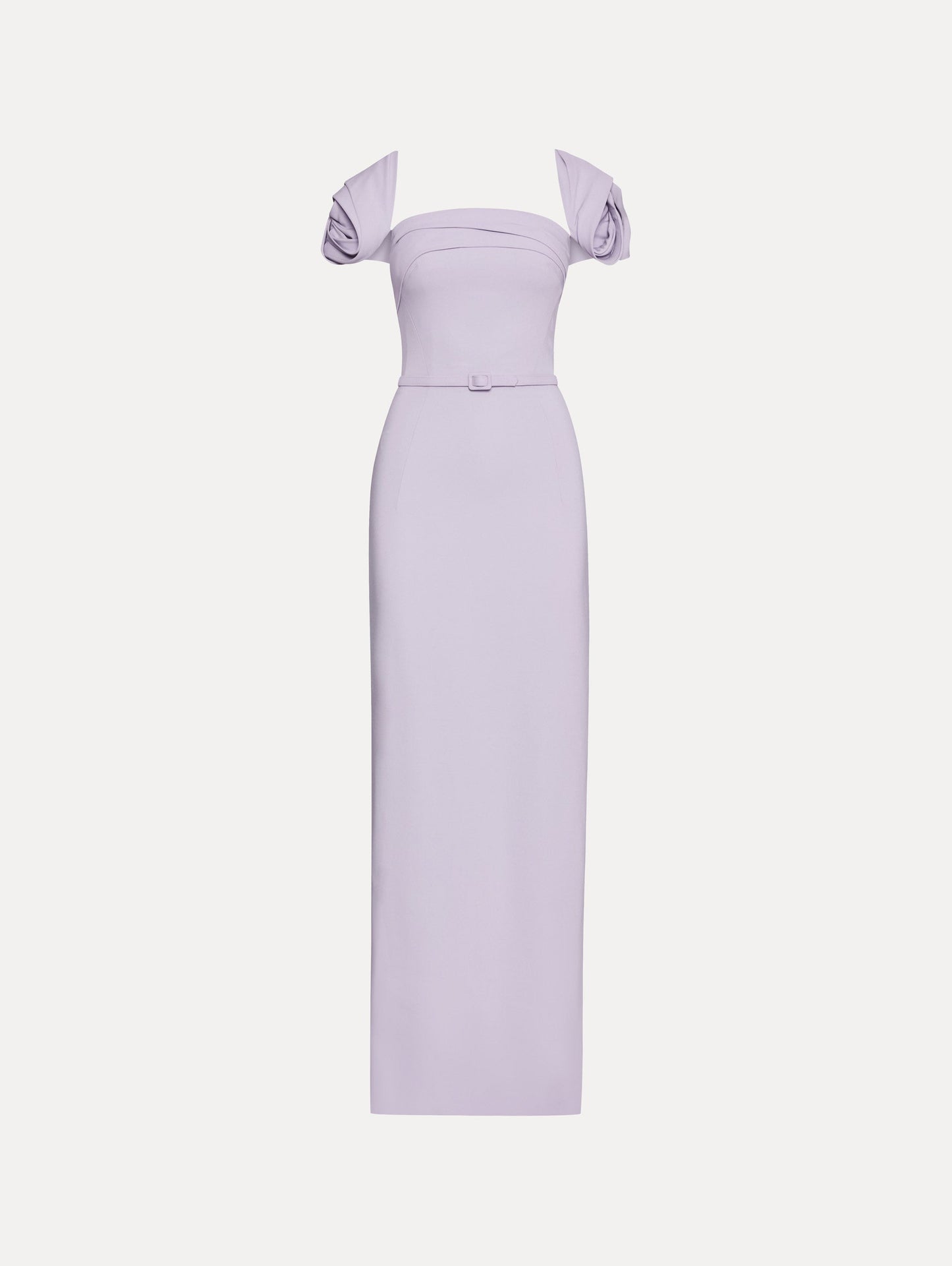 Lavender Rosette Sleeve Column Gown with Matching Belt Front View