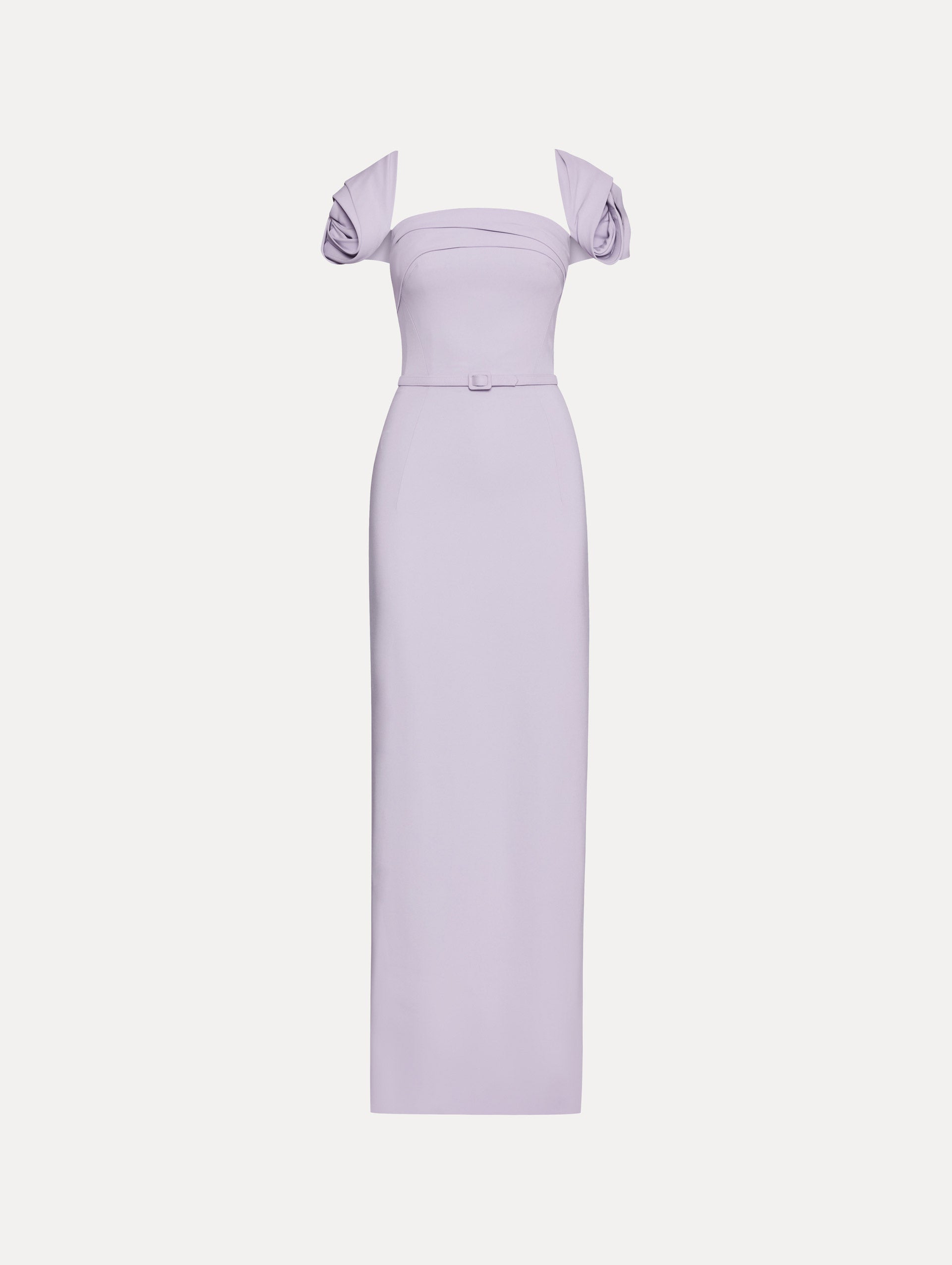 Lavender Rosette Sleeve Column Gown with Matching Belt Front View