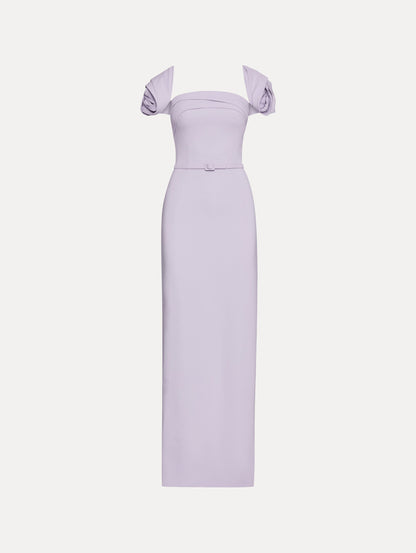Lavender Rosette Sleeve Column Gown with Matching Belt Front View