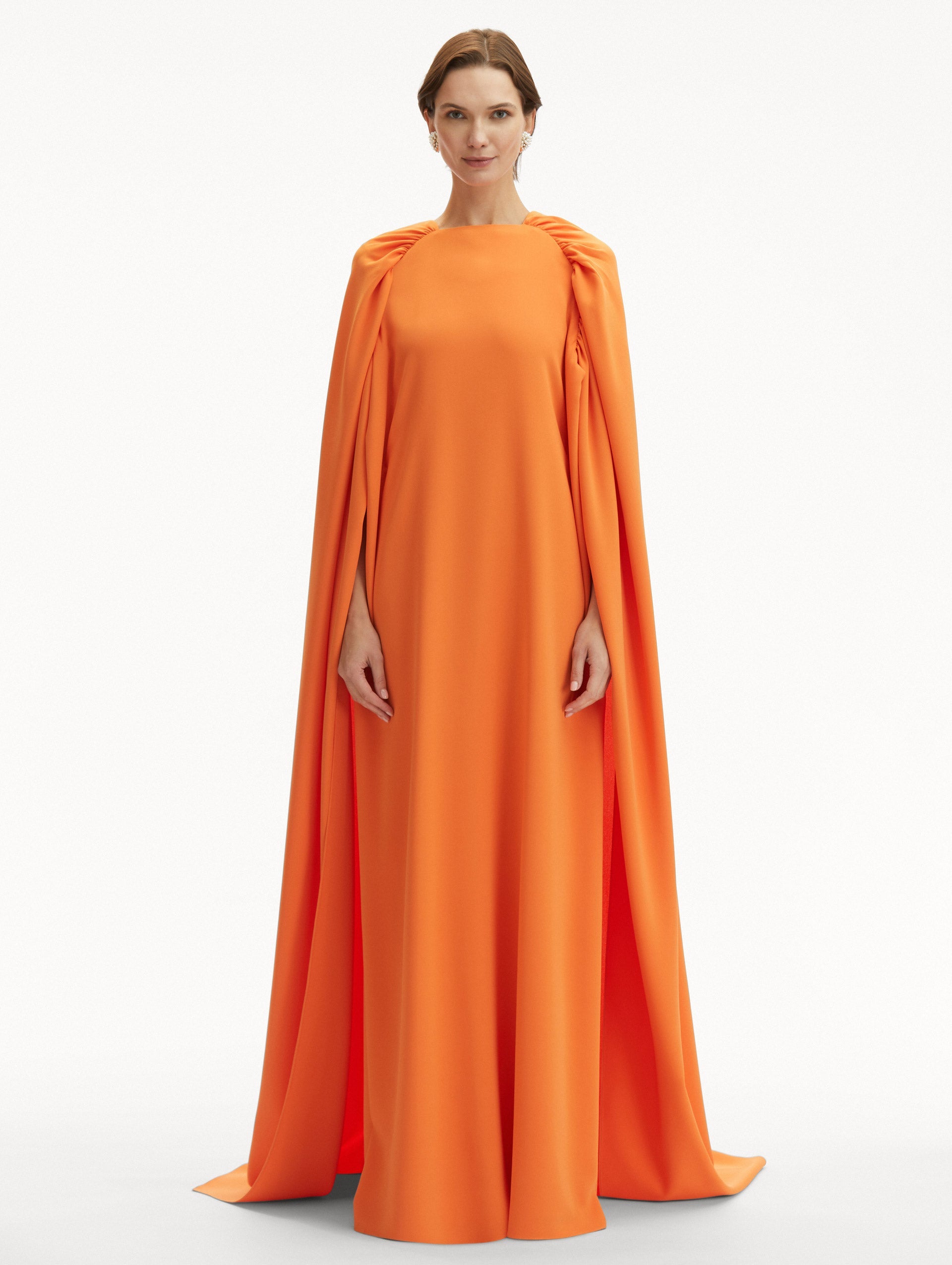 Rushed Shoulder Orange Georgette Caftan Front View