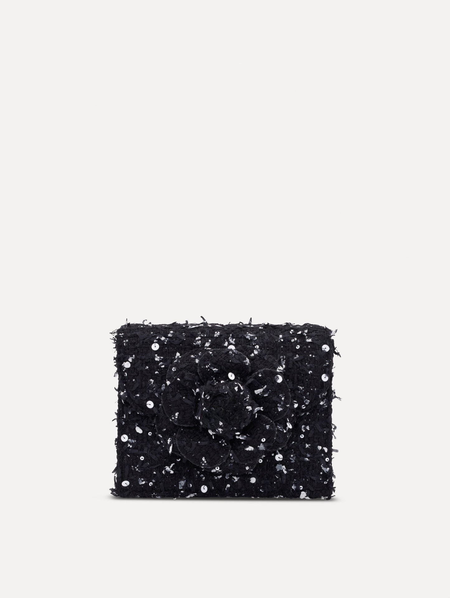 The Sequin Ribbon Tweed Mini TRO Bag in black. Front view.