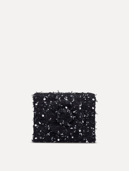 The Sequin Ribbon Tweed Mini TRO Bag in black. Front view.