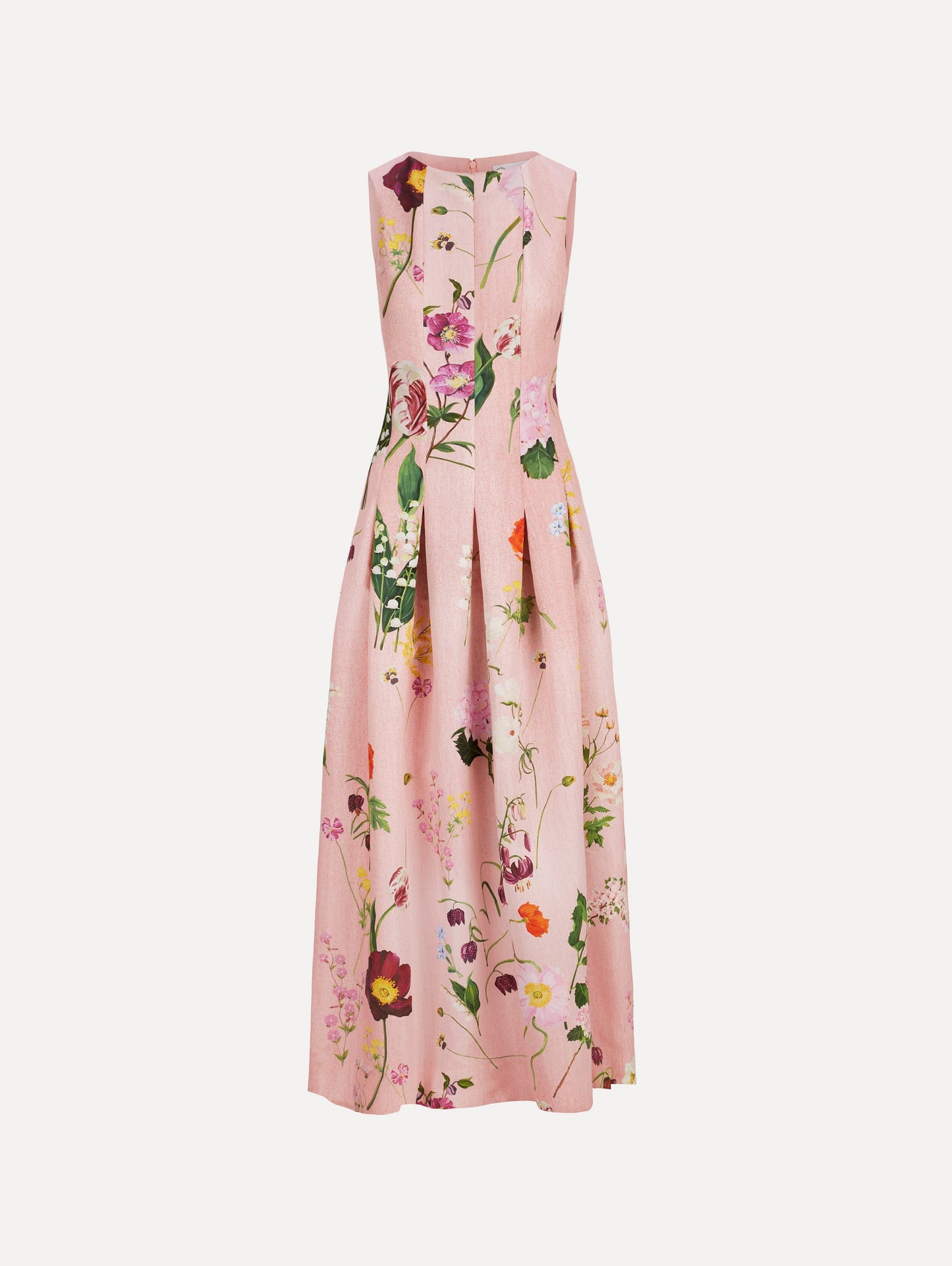 The model is wearing Mixed Botanical Faille Sleeveless Gown with a classic floor-length silhouette in blush multi.