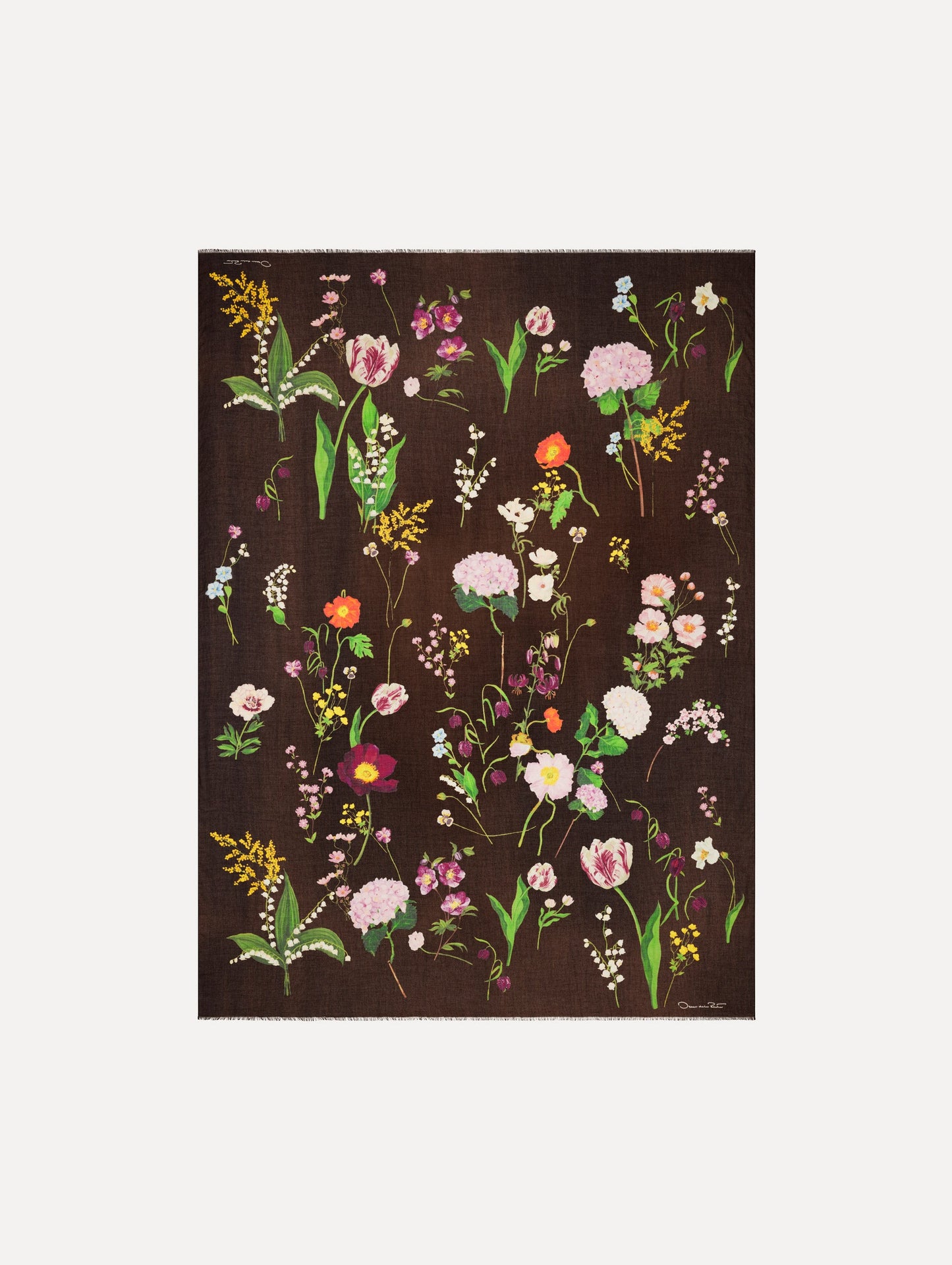 The model is wearing the mixed botanical scarf with an all-over floral print in the color brown. Full view.