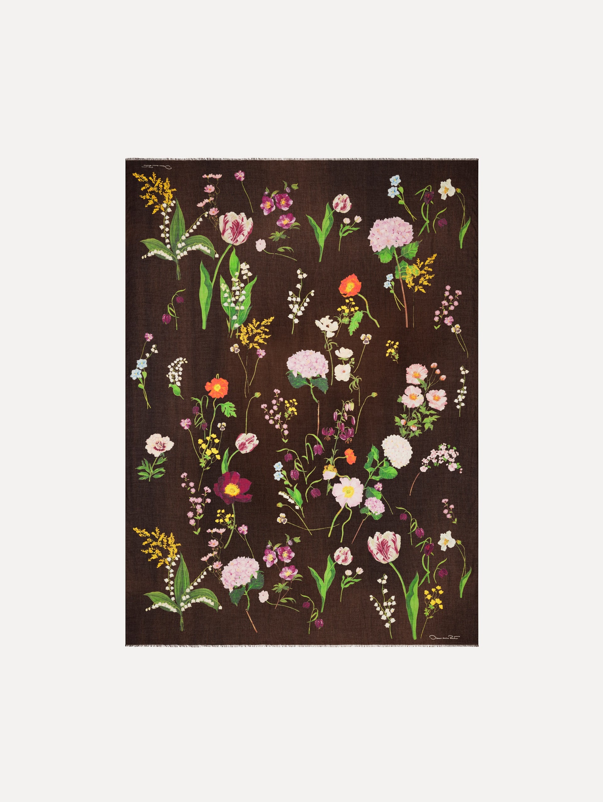 The model is wearing the mixed botanical scarf with an all-over floral print in the color brown. Full view.