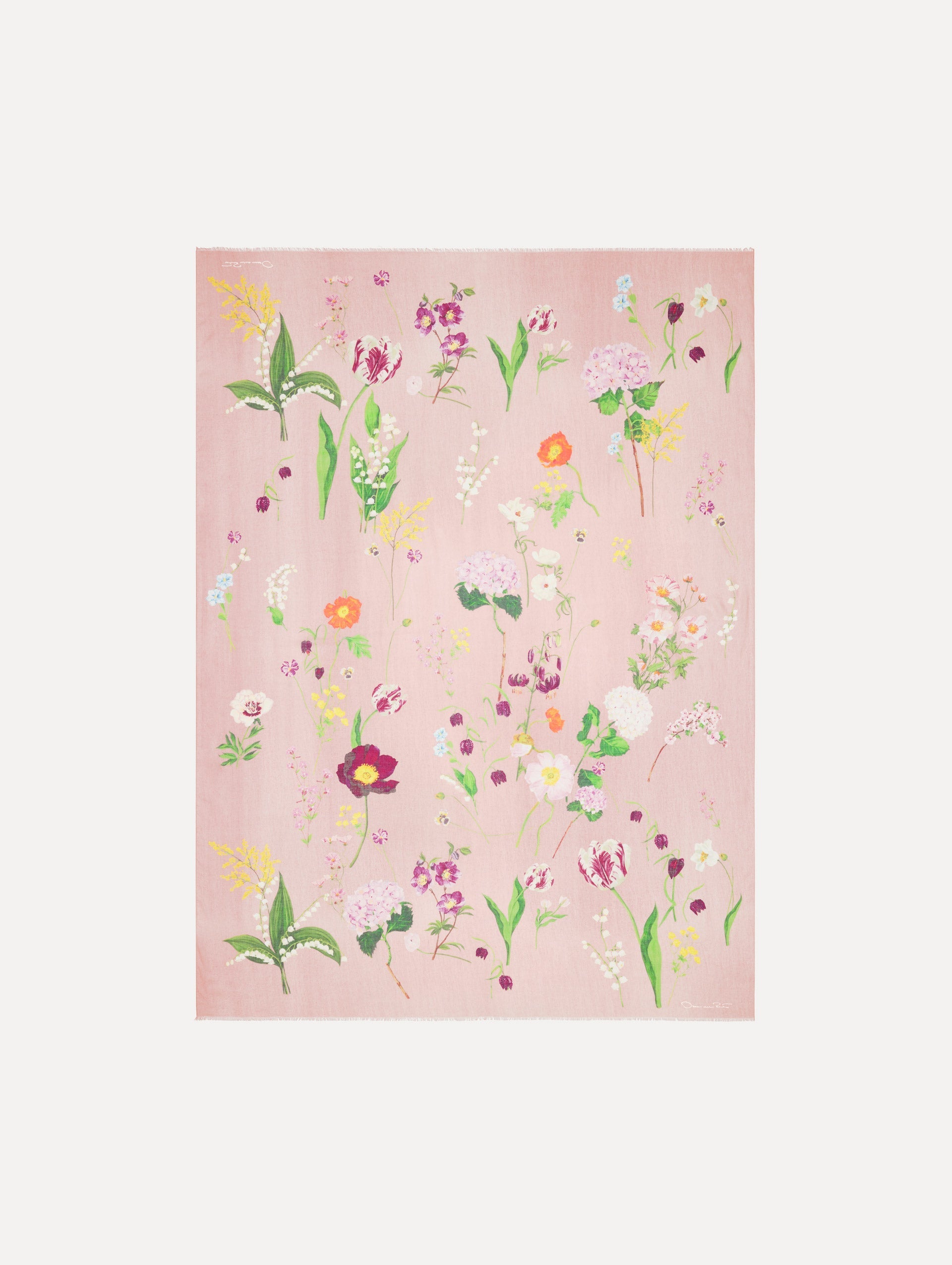 The model is wearing the mixed botanical scarf with an all-over floral print in the color pink multi. Front view.