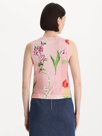 The model is wearing the mixed botanical printed tank with an all-over floral print in blush multi. Back view.