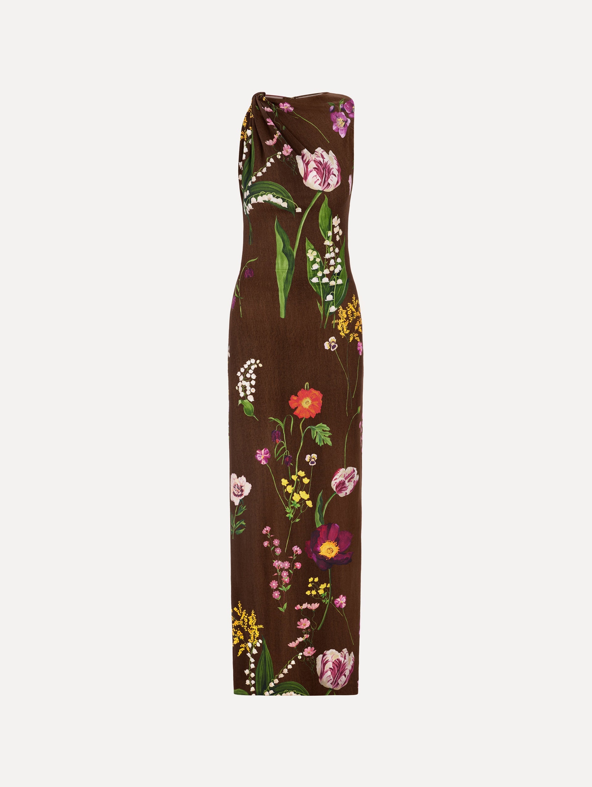 The model is wearing the mixed botanical Milano jersey dress with a sleeveless silhouette in a brown multi palette.