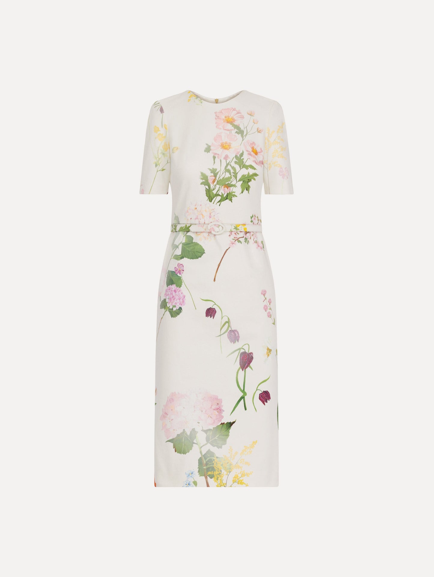 The model is wearing the faded mixed botanical denim dress with midi sleeves and a washed floral print in white multi.