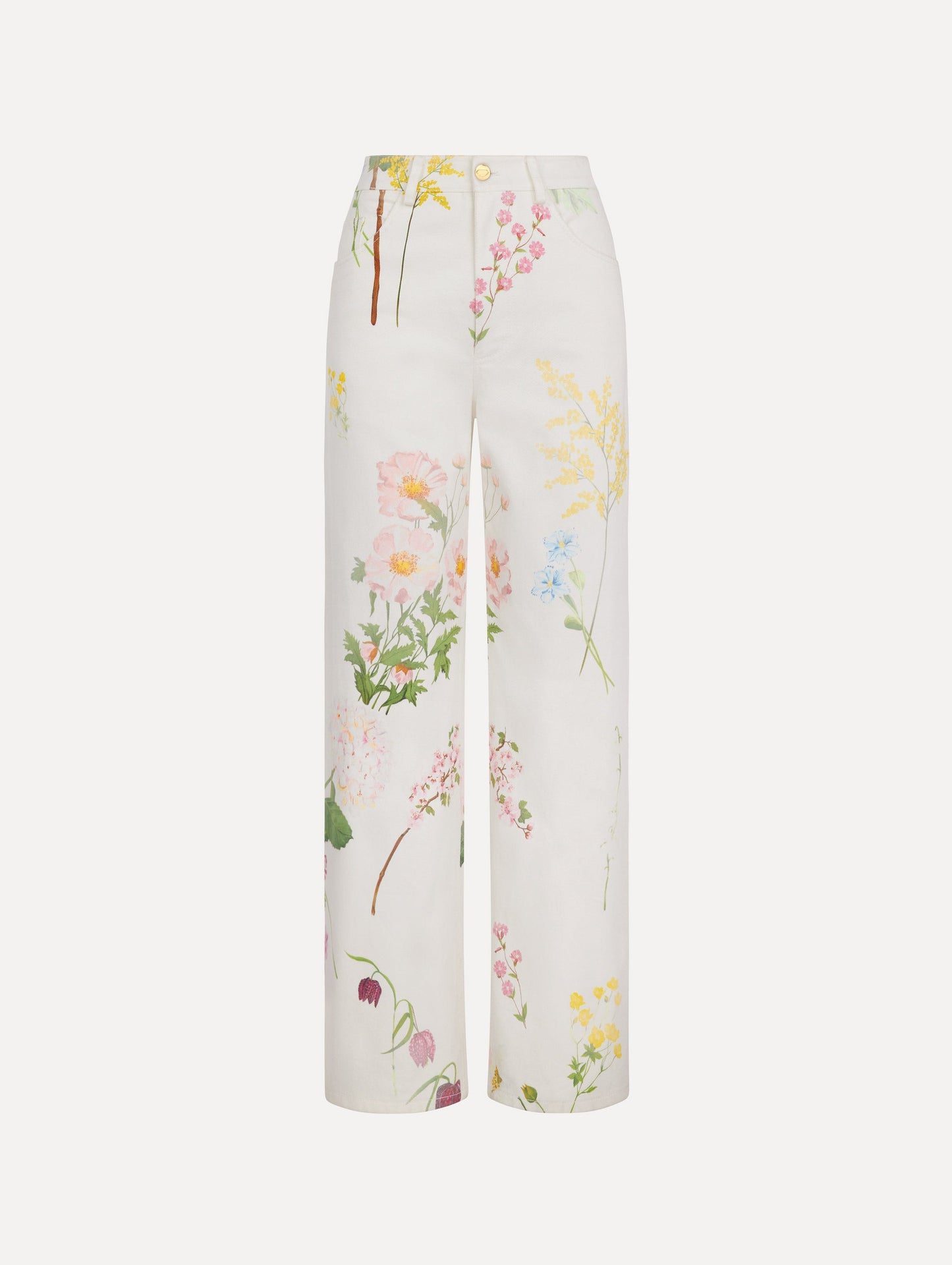 The model is wearing the faded mixed botanical denim pant with a washed floral print in cotton denim.