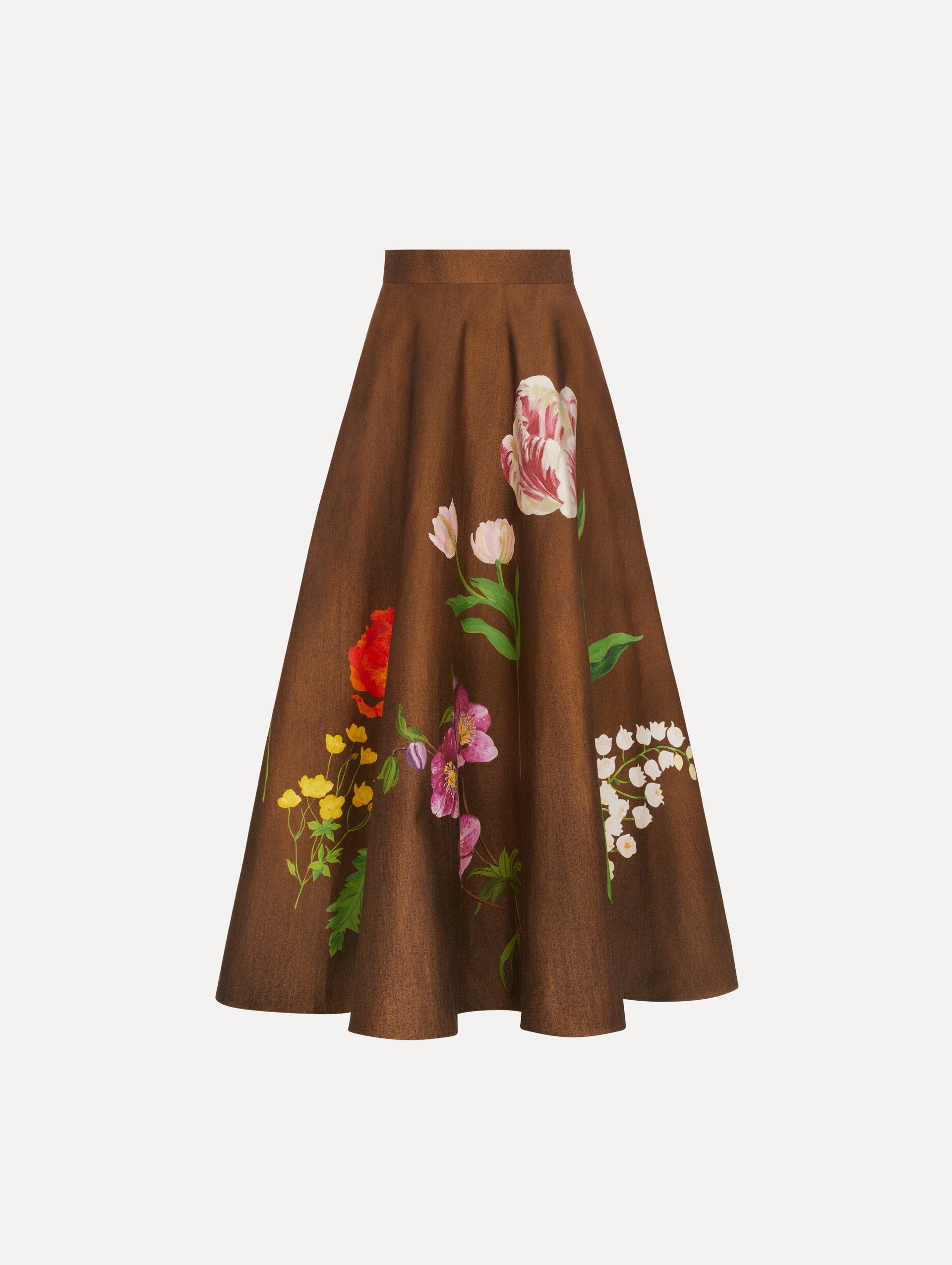 The model is wearing the mixed botanical midi skirt with an all-over floral print in stretch cotton.