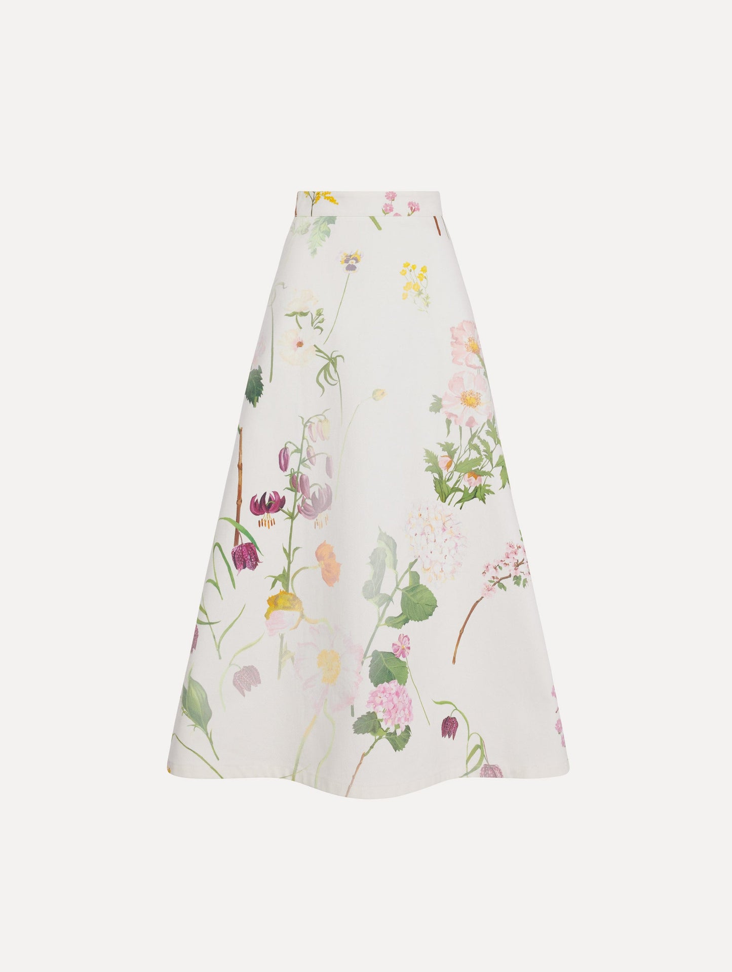 The model is wearing the faded mixed botanical denim midi skirt in the color white multi.