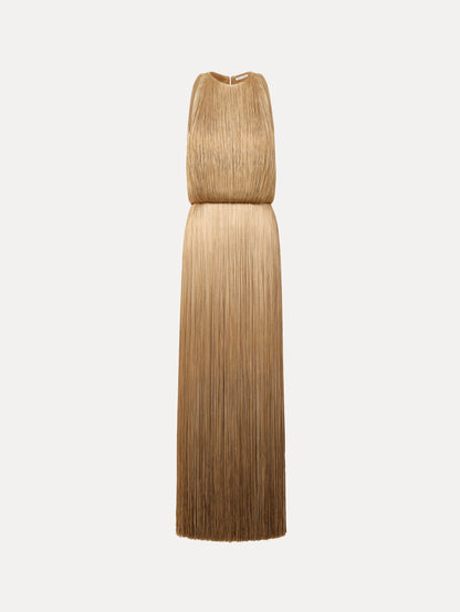 The Ombré Fringe Sleeveless Gown. Featuring layers of ombré fringe, a softly draped bodice, and elongated skirt. Front View.