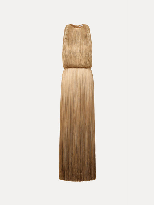 The Ombré Fringe Sleeveless Gown. Featuring layers of ombré fringe, a softly draped bodice, and elongated skirt. Front View.