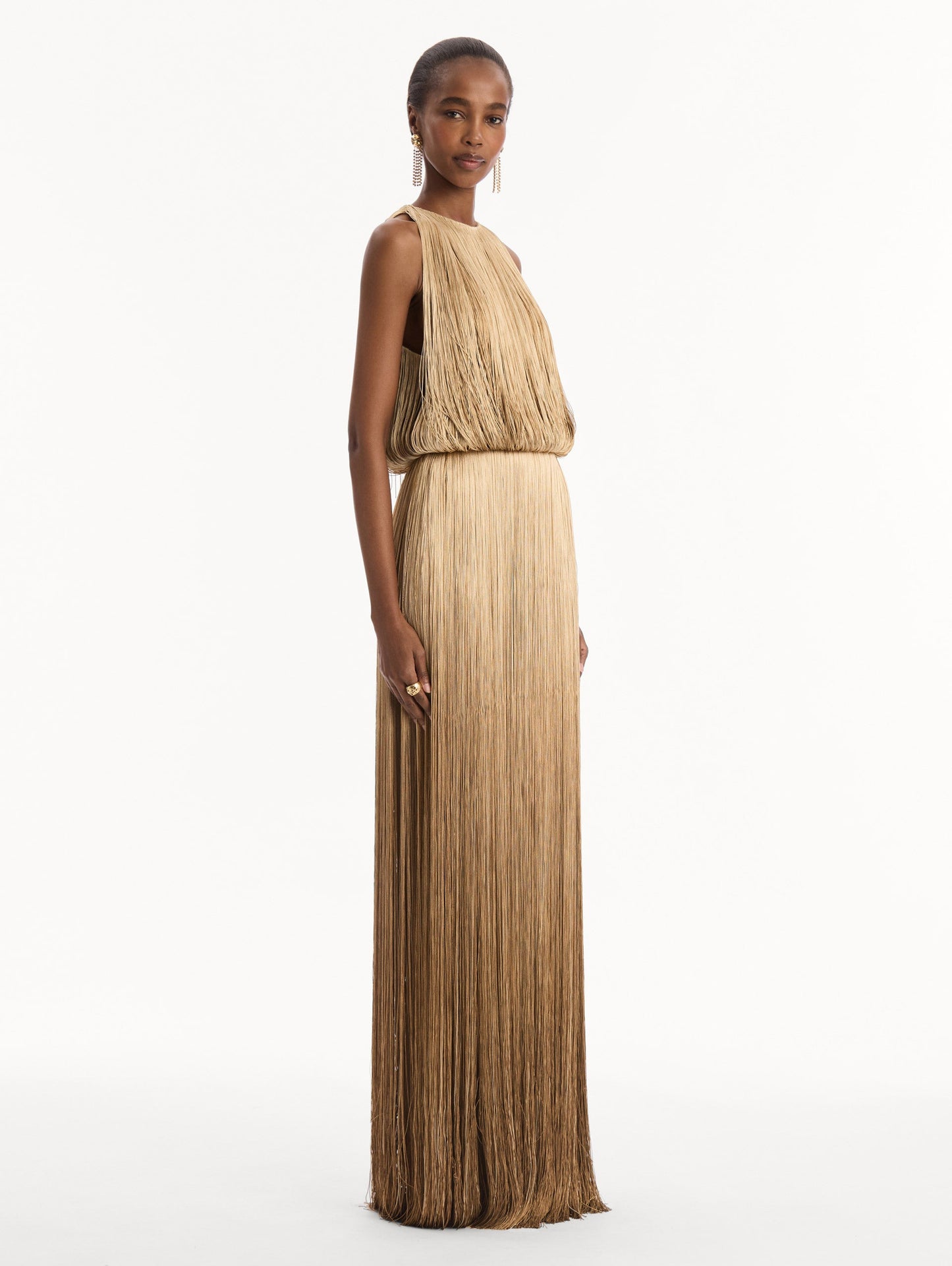 The model is wearing the Ombré Fringe Sleeveless Gown. Featuring layers of ombré fringe, a softly draped bodice, and elongated skirt. Side View.