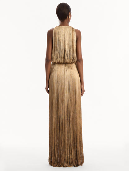 The model is wearing the Ombré Fringe Sleeveless Gown. Featuring layers of ombré fringe, a softly draped bodice, and elongated skirt. Back View.