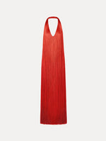 The Ombré Fringe Gown in Paprika Red. Featuring a deep, halter neckline, and full fringe silhouette. Front View.