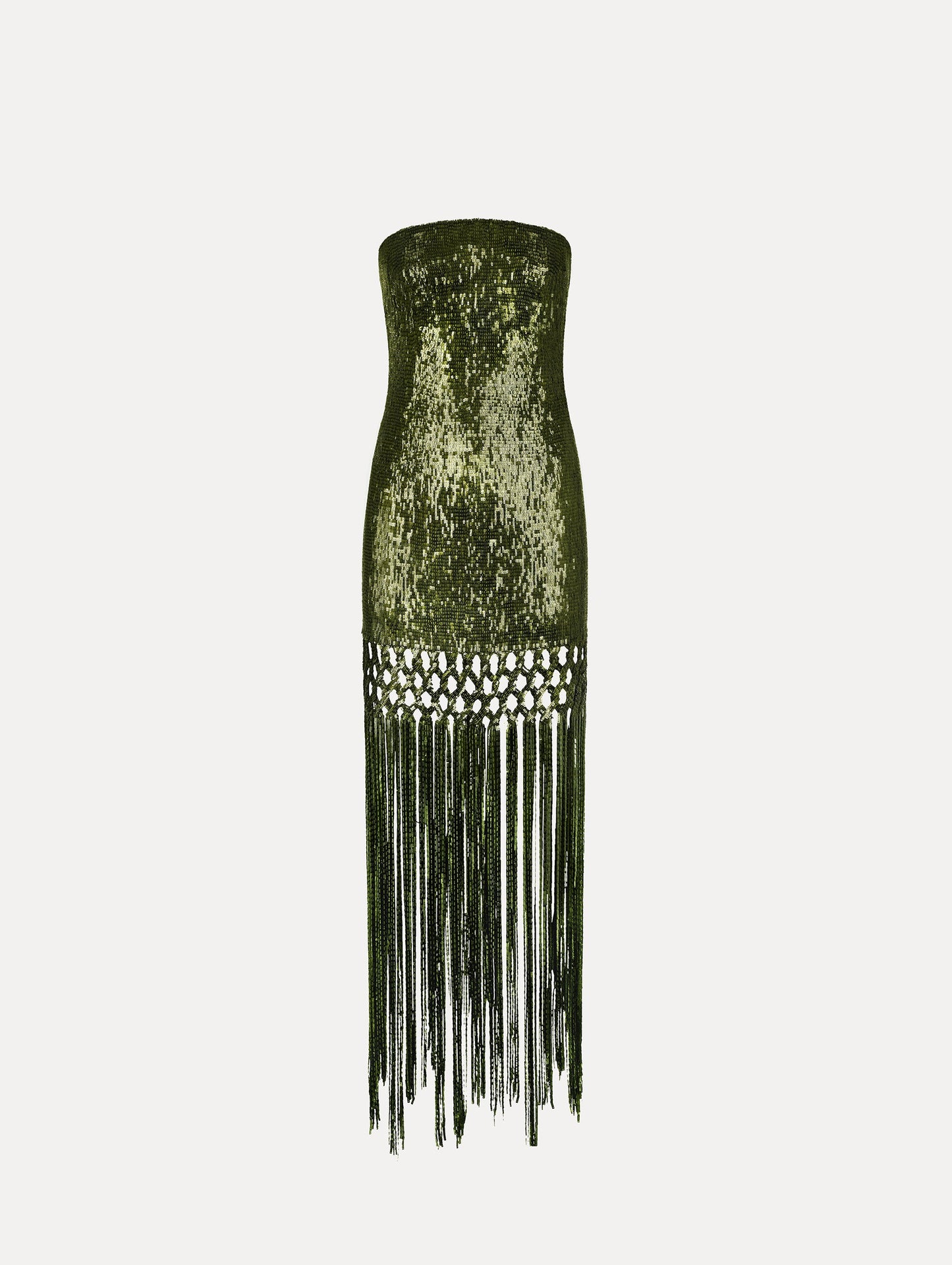 The Sequin Fringe Gown in green. Featuring a strapless neckline, fitted silhouette, and an open lattice detail cascading into a fringe skirt. Front View.