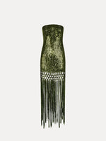 The Sequin Fringe Gown in green. Featuring a strapless neckline, fitted silhouette, and an open lattice detail cascading into a fringe skirt. Front View.