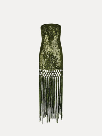 The Sequin Fringe Gown in green. Featuring a strapless neckline, fitted silhouette, and an open lattice detail cascading into a fringe skirt. Front View.