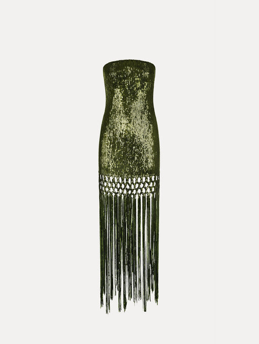 The Sequin Fringe Gown in green. Featuring a strapless neckline, fitted silhouette, and an open lattice detail cascading into a fringe skirt. Front View.