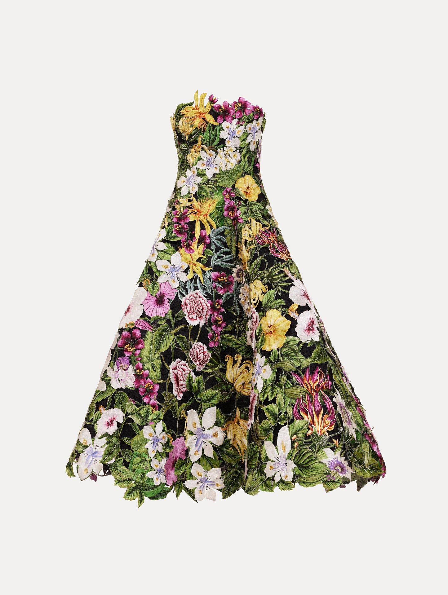The Dominican Mixed-Floral Guipure Gown. Featuring a strapless neckline, fitted bodice, and full skirt. Front View.