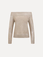The Silver Foil Off-Shoulder Pullover. Featuring a lattice knit pattern, off-the-shoulder neckline, long sleeves, and ribbed trims. Front View.