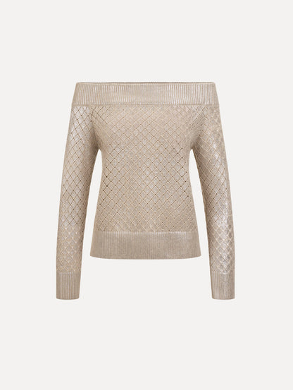 The Silver Foil Off-Shoulder Pullover. Featuring a lattice knit pattern, off-the-shoulder neckline, long sleeves, and ribbed trims. Front View.