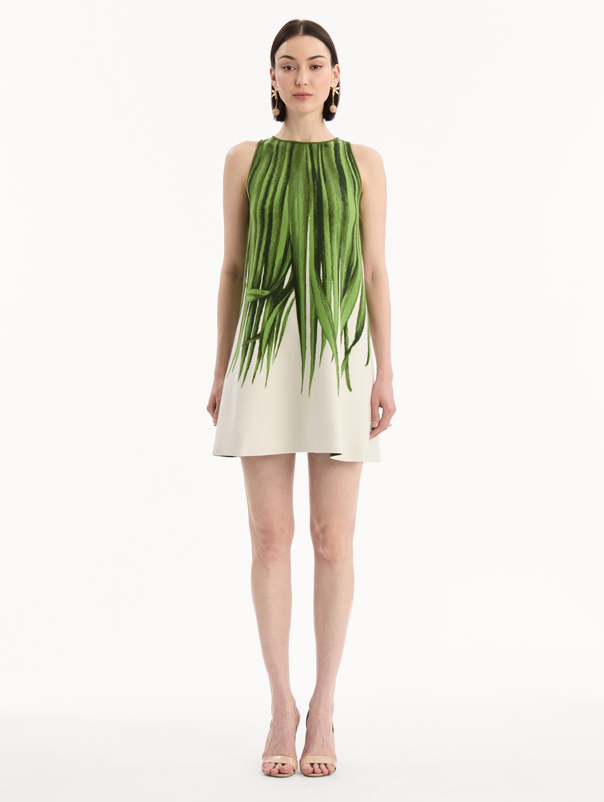 Palm Leaves Jacquard Shift Dress in Green and Ivory print. Front View.