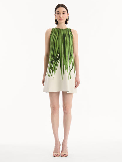 Palm Leaves Jacquard Shift Dress in Green and Ivory print. Front View.