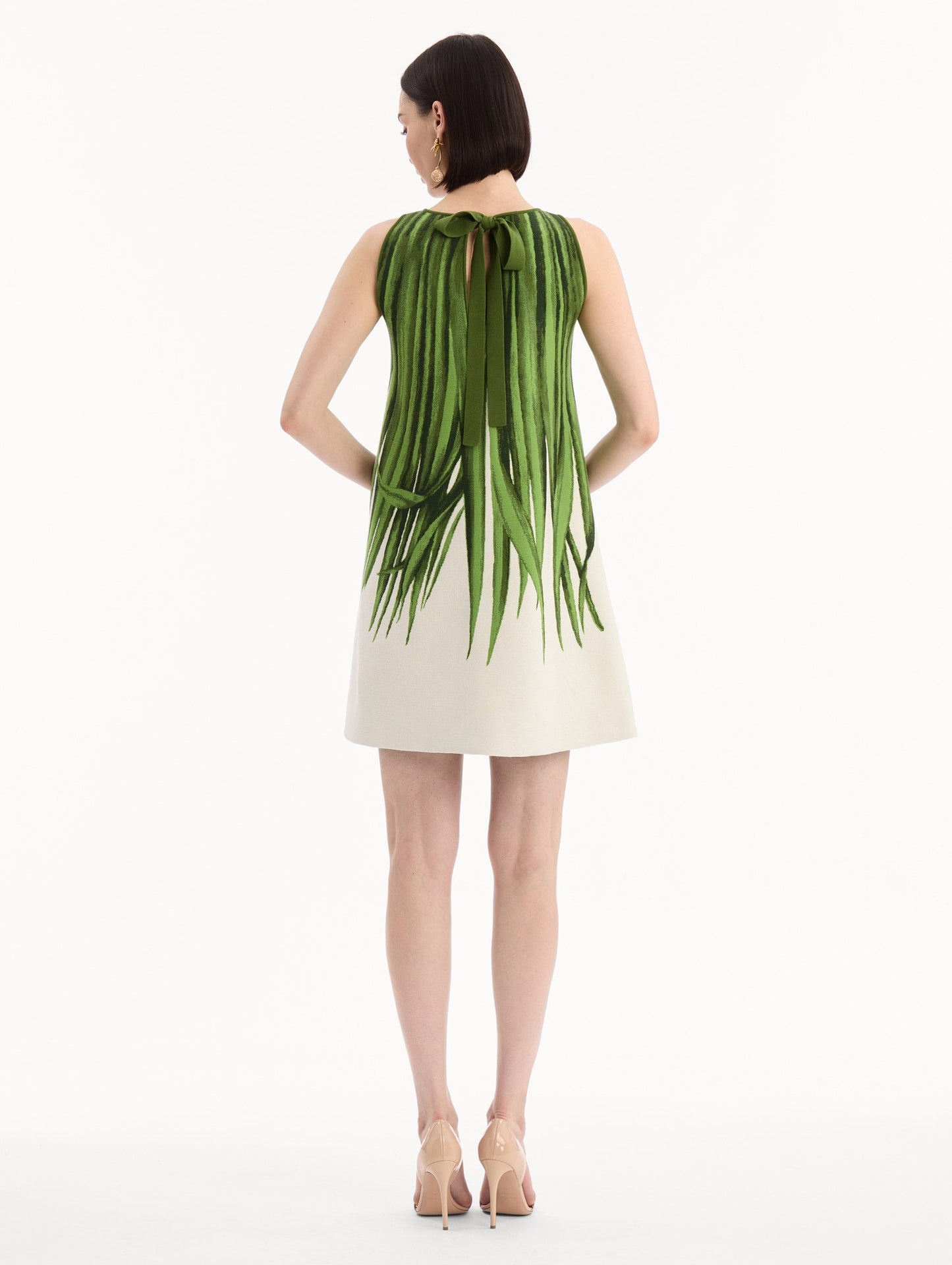 Palm Leaves Jacquard Shift Dress in Green and Ivory print. Back view.