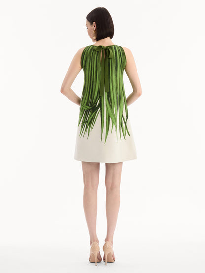 Palm Leaves Jacquard Shift Dress in Green and Ivory print. Back view.