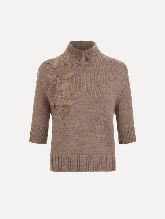 The Hibiscus Embroidered Knit Pullover. Featuring a high neckline and ribbed trim. Front View.