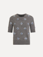 The Crystal Embroidered Pullover in grey with blue crystal embroidered. Featuring a crew neckline and ribbed trims. Front View.