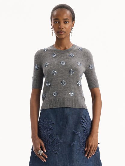 The model is wearing the Crystal Embroidered Pullover in grey with blue crystal embroidered. Featuring a crew neckline and ribbed trims. Front View.