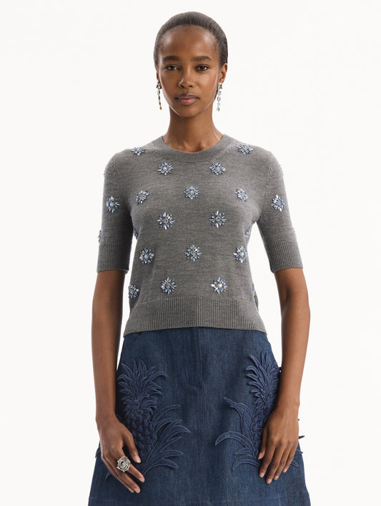 The model is wearing the Crystal Embroidered Pullover in grey with blue crystal embroidered. Featuring a crew neckline and ribbed trims. Front View.