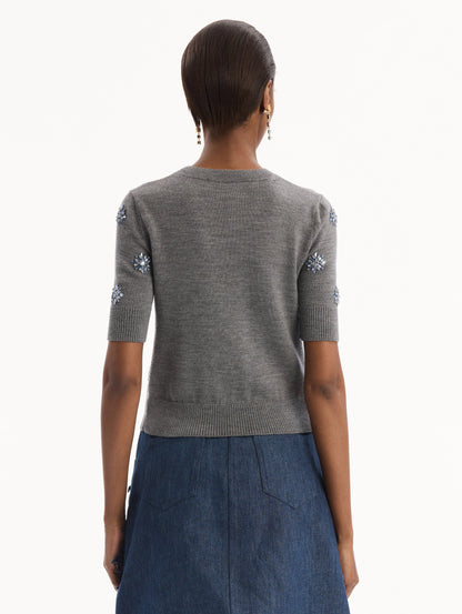 The model is wearing the Crystal Embroidered Pullover in grey with blue crystal embroidered. Featuring a crew neckline and ribbed trims. Back View.