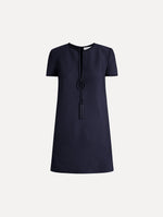 Beaded Bow-Detail Shift Dress in Navy Blue. Front View.