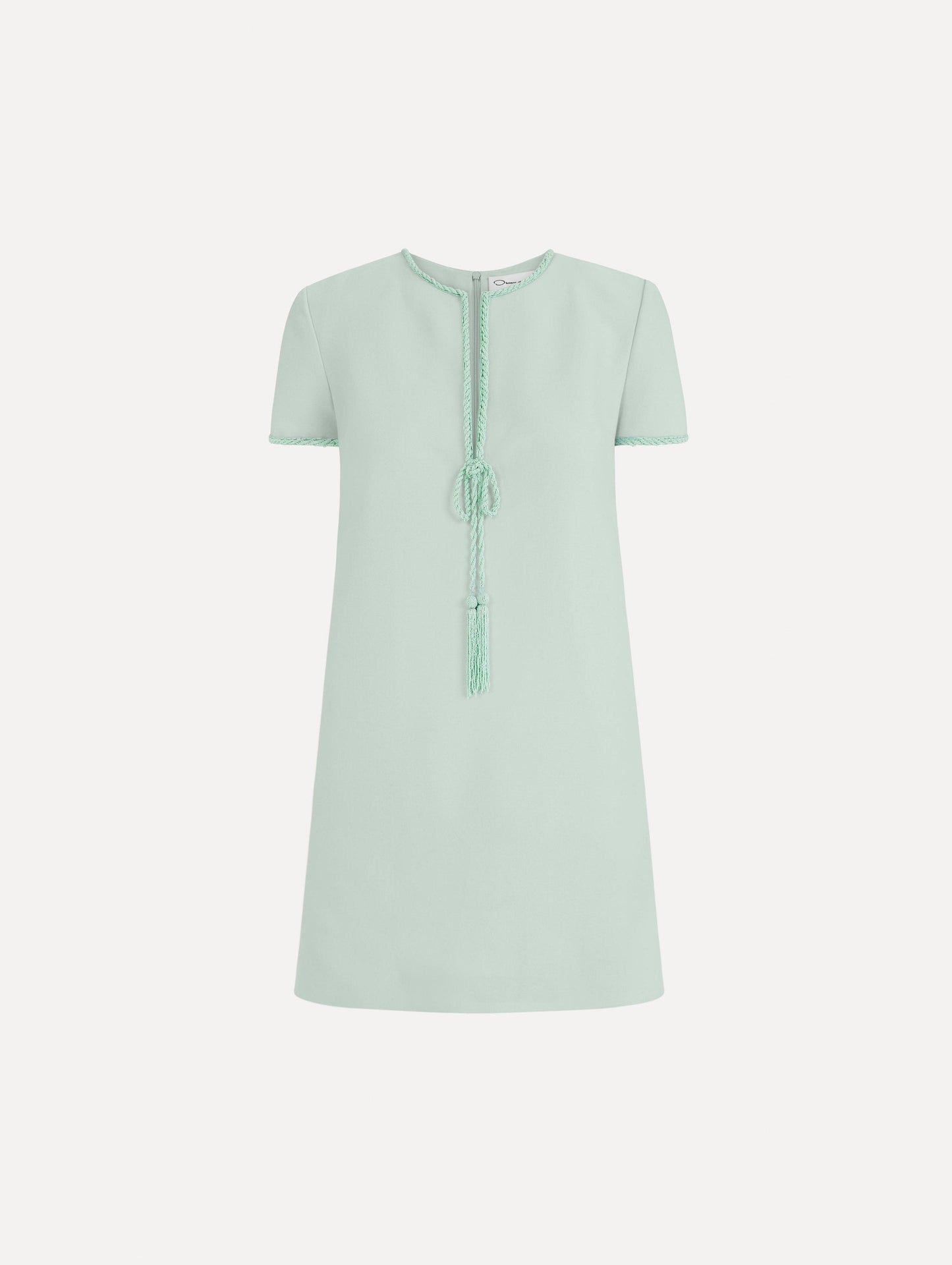 The Beaded Bow-Detail Shift Dress in Saltwater Blue. Featuring a beaded bow detail at the neckline with tassel ties and subtle trim along the edges. Front View.